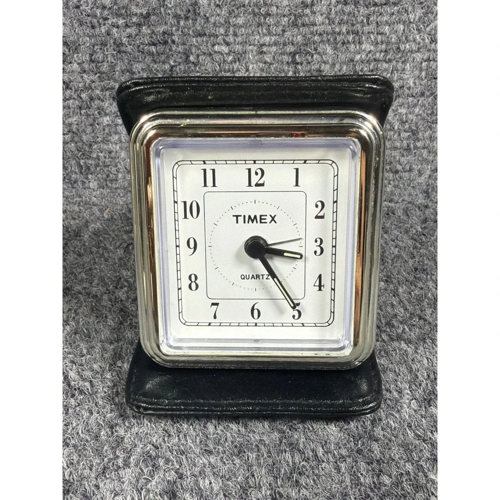 Timex Travel Alarm Clock Black Faux Leather Folding Case Quartz